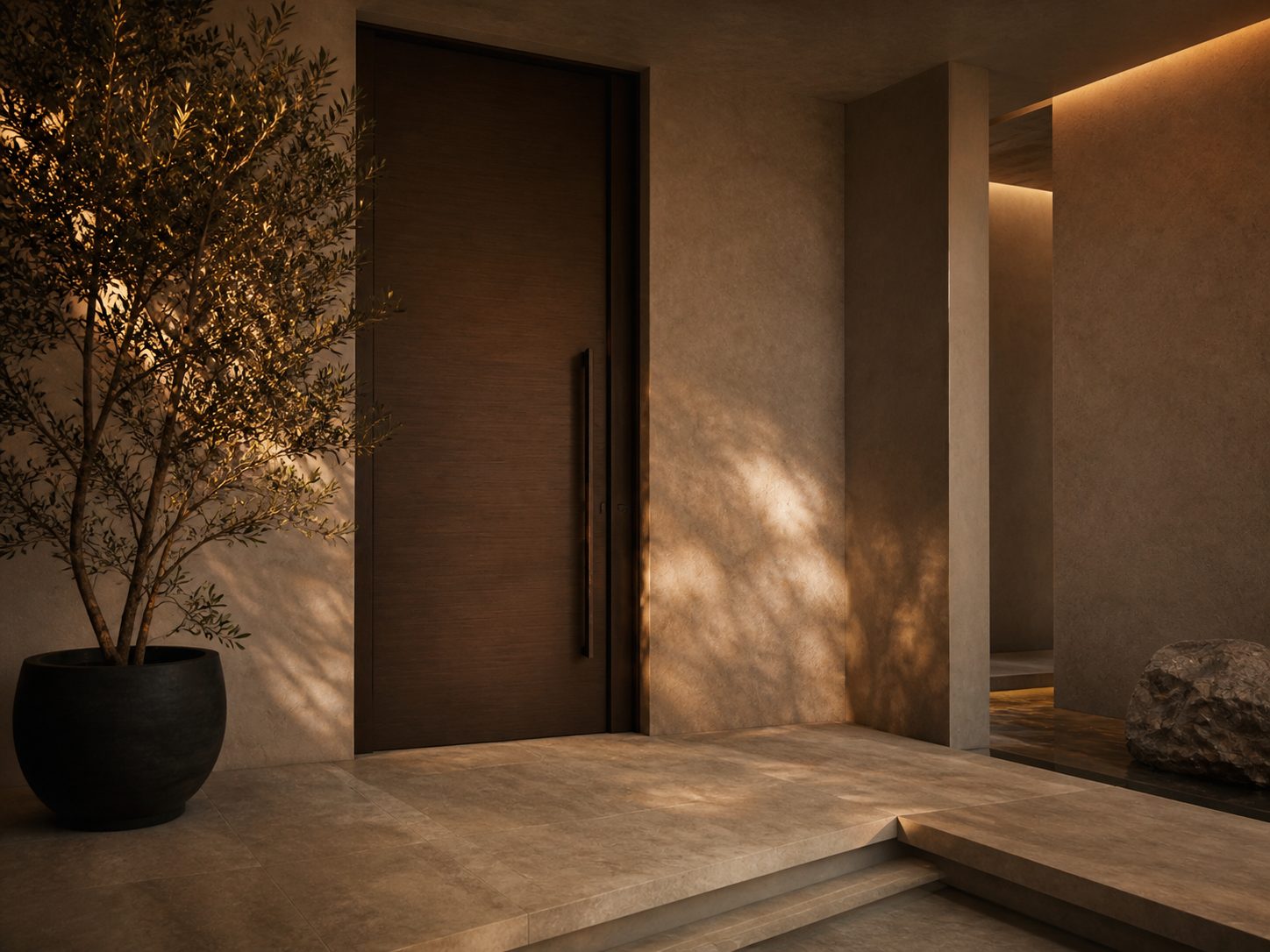 DWĀR dark-wood entrance door in luxury foyer