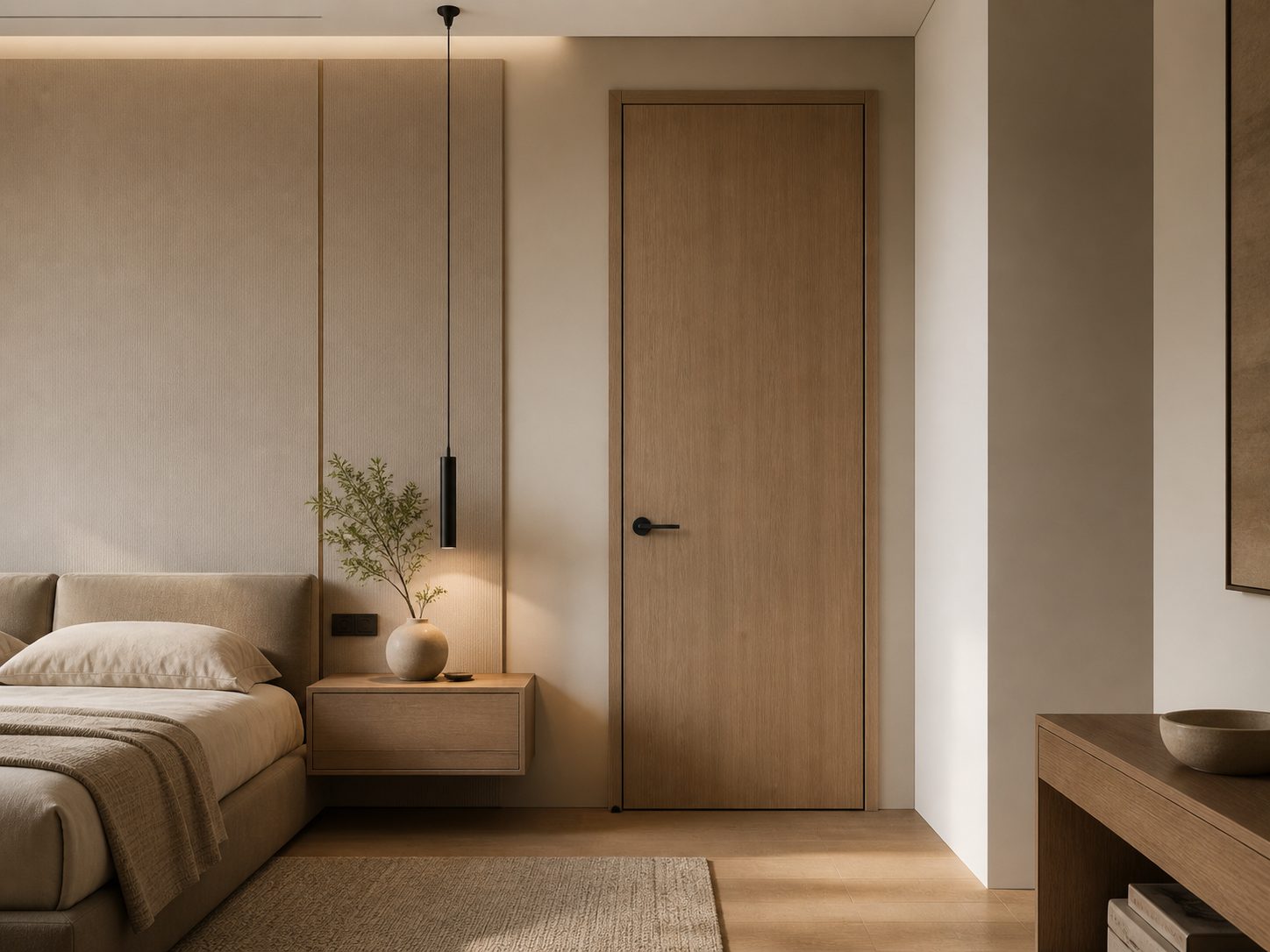 DWĀR oak interior door in luxury bedroom