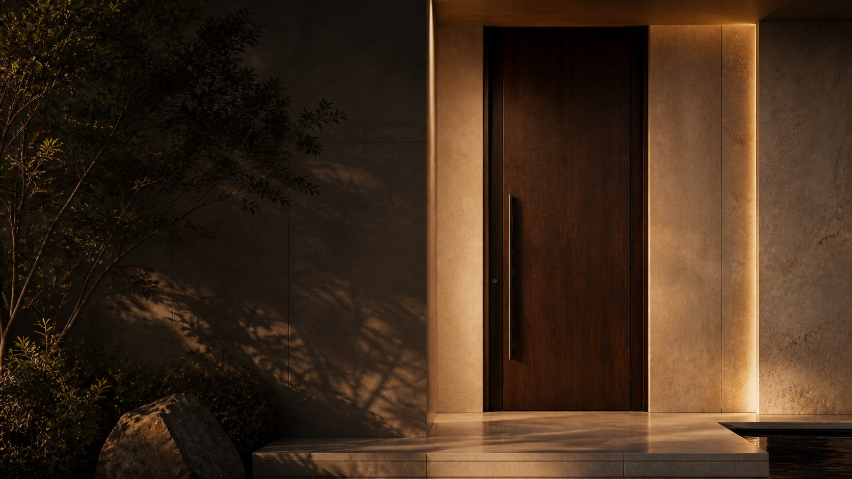 DWĀR walnut entrance door at golden hour